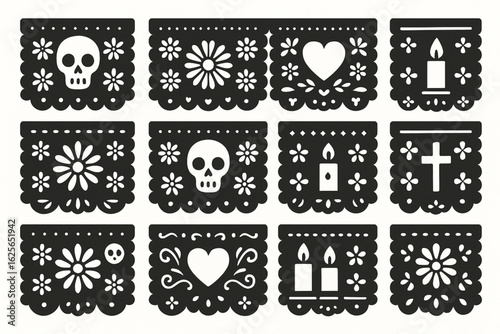 Día de Muertos Papel Picado Coloring Icons, Flat Vector Banner Set