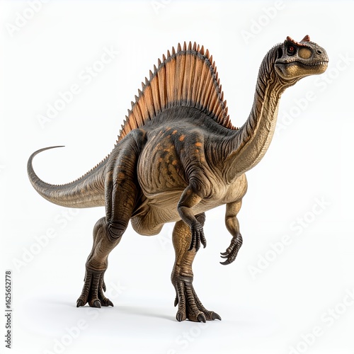 Dramatic dinosaur with distinctive sailback feature standing majestically on white background