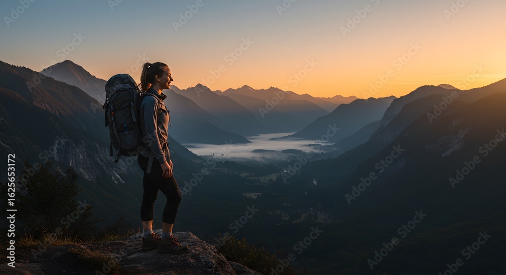 Fototapeta premium A woman hiker stands atop a mountain ridge, gazing at the valley below during sunrise.
