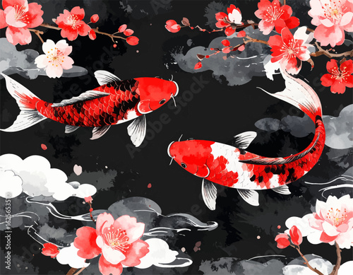 Koi fish in a beautiful floral design. Elegant koi fish swimming among cherry blossoms. Artistic koi fish and pink flowers on dark background. Graceful koi fish with vibrant red and white colors