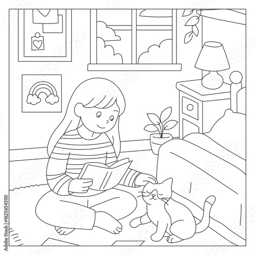Cozy Reading Time with Cat – Coloring Page