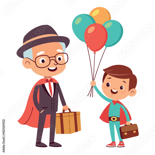Smiling grandpa in hat and suit meets little boy superhero with balloons