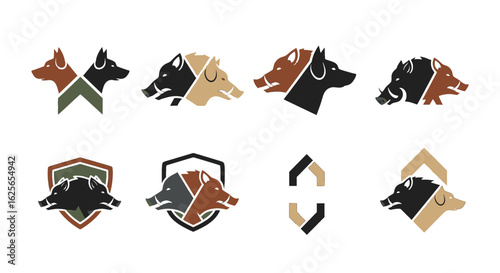 Collection of stylized dog and boar head logos, various designs and color schemes.