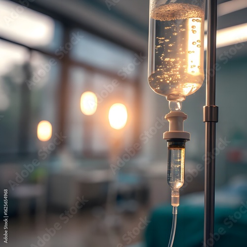 Macro clinical beauty shot focusing on intravenous line with glowing serum