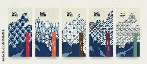 Japanese packaging background featuring traditional indigo patterns and cultural motifs in cream and navy tones for heritage branding and premium print