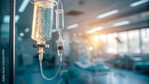 Macro clinical beauty shot focusing on intravenous line with glowing serum
