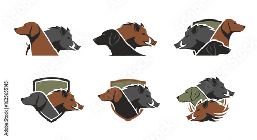 Hunting dog and wild boar logo set, various compositions,  silhouette style.
