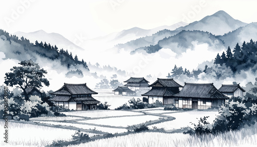 Scenic view of a Japanese village in the mountains. Traditional Japanese homes in foggy rice fields. Peaceful rural scene with mountains and homes. Tranquil Japanese village nestled in misty mountains
