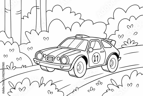 Vector Cartoon funny Rally Car, funny image in the forest, Coloring book page for children. Line Art isolated on white background