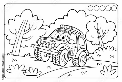 Vector Cartoon funny Rally Car, funny image in the forest, Coloring book page for children. Line Art isolated on white background