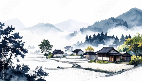 Mist-covered countryside with traditional Japanese house. Japanese village in misty mountains with rice field. Asian rural scene with mountain and fog. Calm Japanese village surrounded by mist, nature