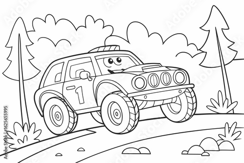 Vector Cartoon funny Rally Car, funny image in the forest, Coloring book page for children. Line Art isolated on white background