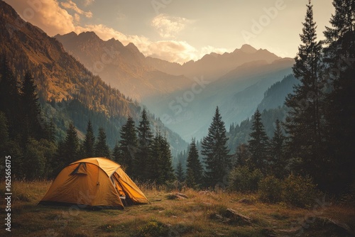 Golden hour campsite in alpine valley