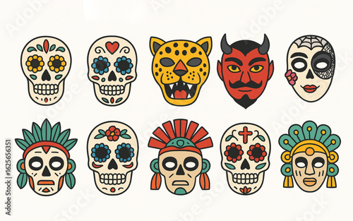 Día de Muertos Masks Coloring Icons, Flat Vector Set of Traditional Designs