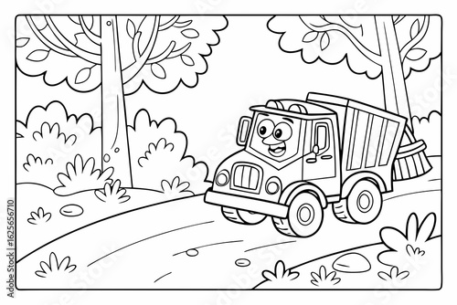 Vector Cartoon funny Road Sweeper, funny image in the forest, Coloring book page for children. Line Art isolated on white background