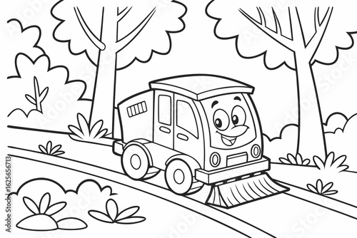 Vector Cartoon funny Road Sweeper, funny image in the forest, Coloring book page for children. Line Art isolated on white background