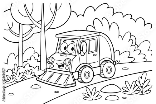Vector Cartoon funny Road Sweeper, funny image in the forest, Coloring book page for children. Line Art isolated on white background