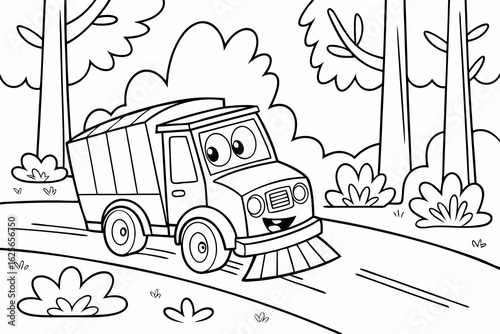 Vector Cartoon funny Road Sweeper, funny image in the forest, Coloring book page for children. Line Art isolated on white background