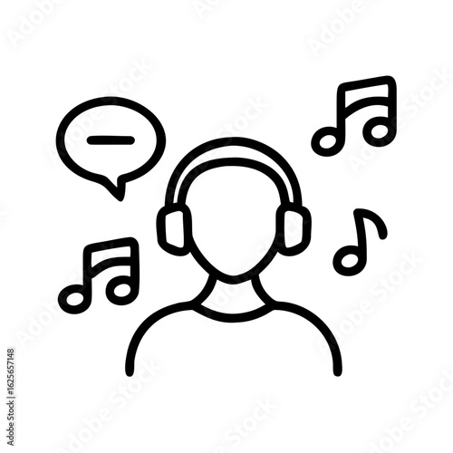 A minimalist line art illustration presents a person with headphones immersed in music, surrounded by musical notes and a speech bubble with a minus sign, which can mean not listening.