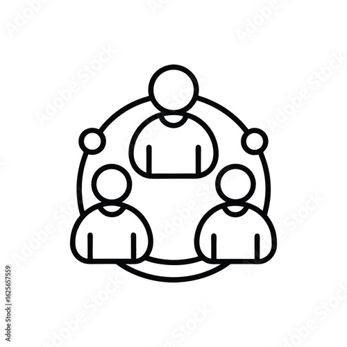 An icon depicting three stylized people connected by a circular line, symbolizing collaboration, networking, and community.