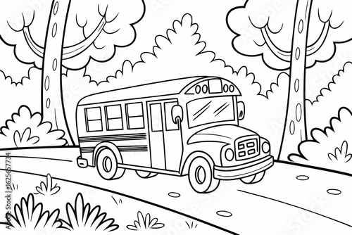 Vector Cartoon funny School Bus, funny image in the forest, Coloring book page for children. Line Art isolated on white background