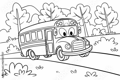 Vector Cartoon funny School Bus, funny image in the forest, Coloring book page for children. Line Art isolated on white background