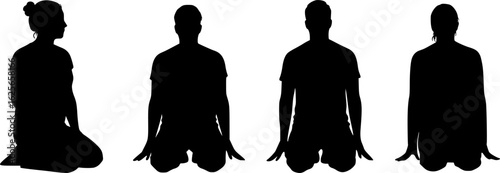 Four people in a kneeling silhouette pose vector illustration.
