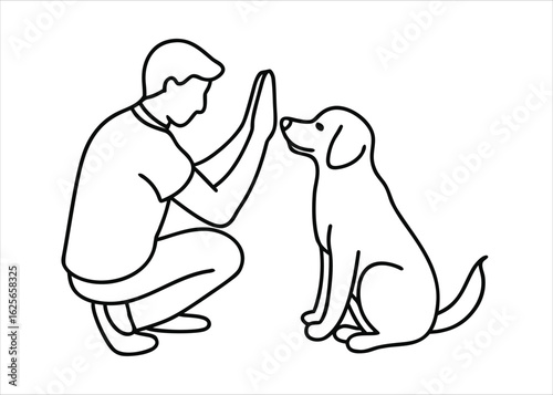 Charming single line art depiction of a man and his canine companion sharing a celebratory high five moment