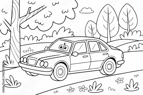 Vector Cartoon funny Sedan, funny image in the forest, Coloring book page for children. Line Art isolated on white background