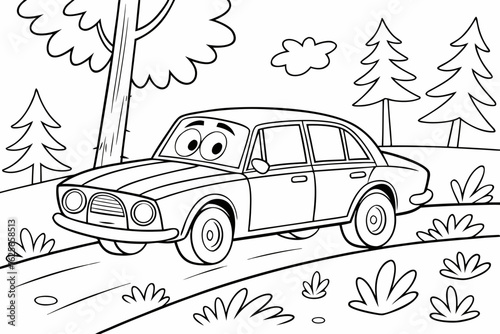 Vector Cartoon funny Sedan, funny image in the forest, Coloring book page for children. Line Art isolated on white background