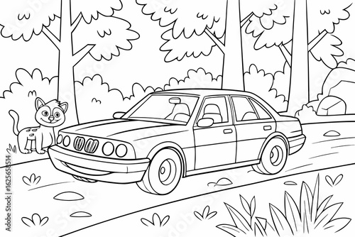 Vector Cartoon funny Sedan, funny image in the forest, Coloring book page for children. Line Art isolated on white background
