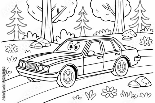Vector Cartoon funny Sedan, funny image in the forest, Coloring book page for children. Line Art isolated on white background