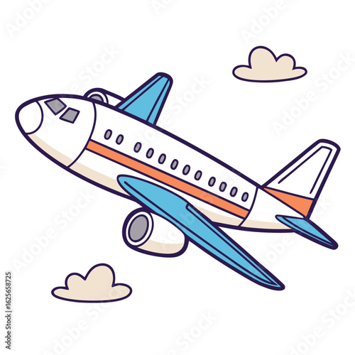 Cartoon airplane with blue wings soars through the cloudy sky elegantly, transparent background