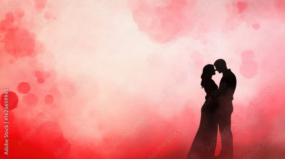 Romantic Silhouette of Couple in Love Against Soft Red Background Romantic Silhouette of Couple in Love Against Soft Red Background