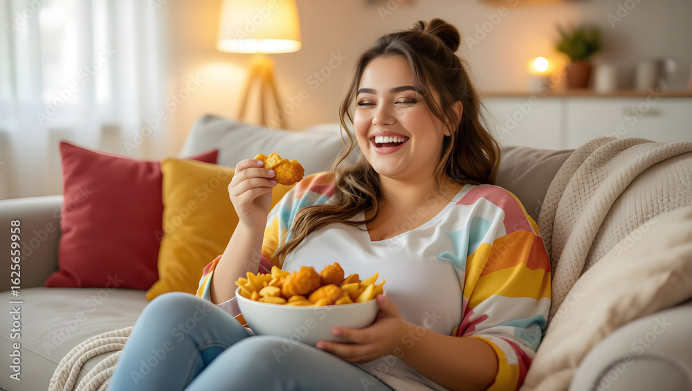 A cheerful, plump young woman sitting comfortably on a plush sofa, joyfully indulging in a large bowl of crispy fried chicken and chips A cheerful, plump young woman sitting comfortably on a plush sofa, joyfully indulging in a large bowl of crispy fried chicken and chips