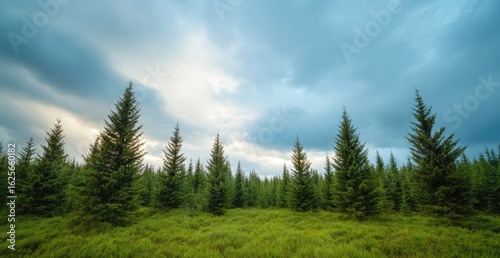 Forest landscape under cloudy sky