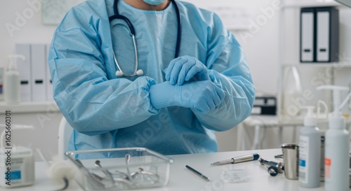Healthcare Worker Wearing Blue Latex Gloves in Sterile Hospital Environment for Medical Safety