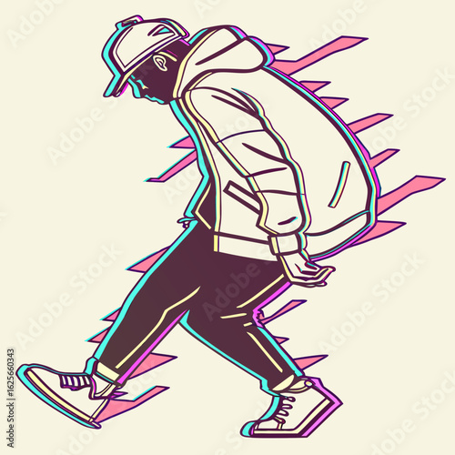 Illustration of a stylized man with a hoodie and cap walking with a dynamic abstract background design