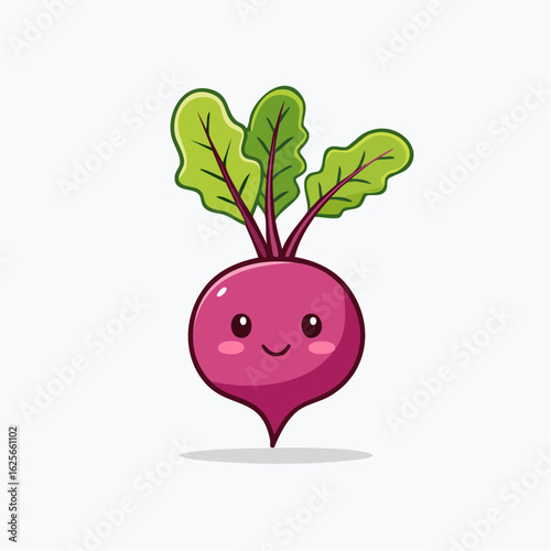 Adorable Beetroot Cartoon Character with a Smiling Face and Vibrant Green Leaves