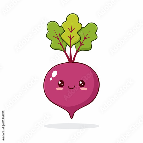 Adorable beetroot cartoon character with smiling face and vibrant green leaves illustration
