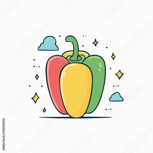 Whimsical illustration of colorful bell peppers evoking a healthy and playful vibe