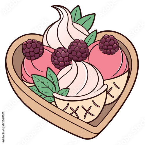 Delicious pink ice cream with blackberries rests in a heart shaped bowl