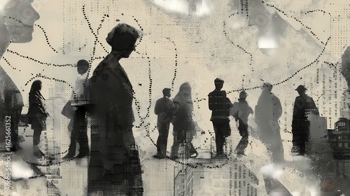 Overlapping silhouettes of people and buildings stitched with dotted lines