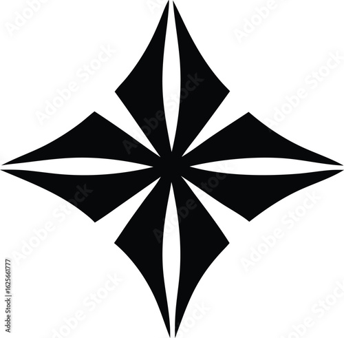 Black abstract starburst with curved pointed petals, a symmetrical geometric flower shape.