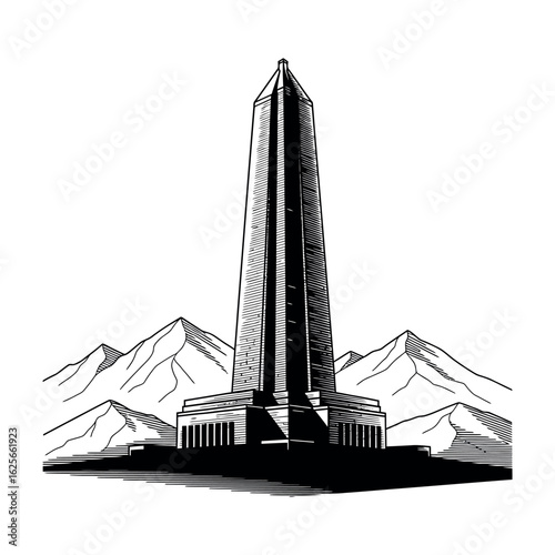 Black and white illustration of a tall obelisk monument in front of mountains tower skyscraper