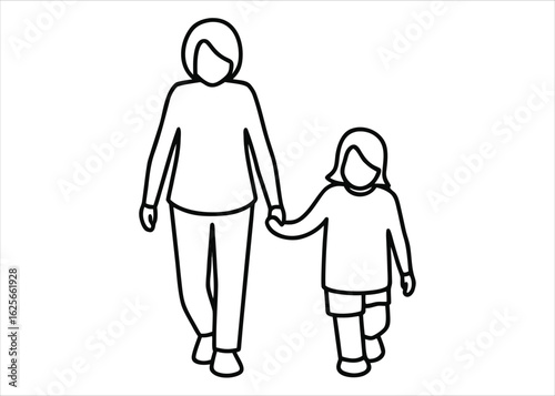 Artistic single line drawing depicting a mother and daughter sharing a tender moment while walking together symbolizing connection and familial bond