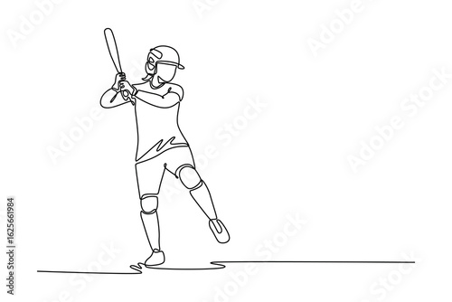 Single continuous line drawing female baseball batter waiting to strike the ball on field at competition. Focused player playing a fun game outdoors. One line draw graphic design vector illustration