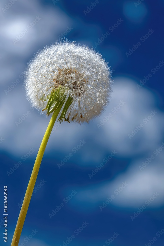 Fototapeta premium Close-up of a dandelion seed head against a vibrant blue sky with fluffy white clouds