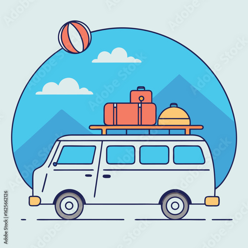 A white campervan carries travel luggage and a beach ball with mountain backdrop