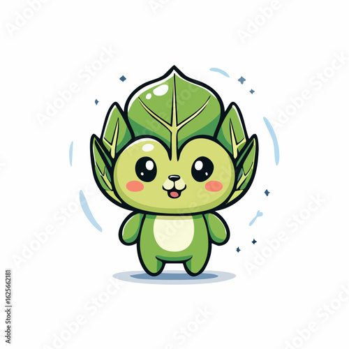 Whimsical leafy character standing on a white background with cartoonish appeal